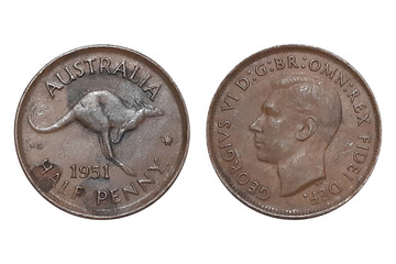 Half Penny 1951 George VI. coin of Australia. Coin half Penny 1951 Obverse and Reverse on white background. Portrait of King George VI facing left, engraver's initials under truncation