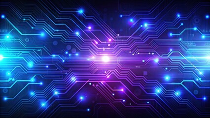 Obraz premium A futuristic blue circuit background with wavy lines and abstract shapes, resembling a digital pathway, in shades of indigo and purple , circuit, computer chip