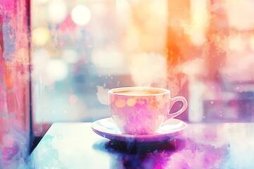 Fototapeta premium A watercolor-style image of a coffee cup on a table by a window, bathed in soft, colorful light. Perfect for cafe, relaxation, and morning themes.