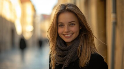 Obraz premium Smiling young woman with long brown hair and scarf, exuding confidence and happiness on a sunlit town street with blurred pedestrians in background.