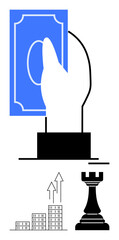 Hand holding blue currency note, chess rook symbolizing strategy, buildings with growth arrows indicating economic development and business success. Ideal for finance, investment, strategy, planning