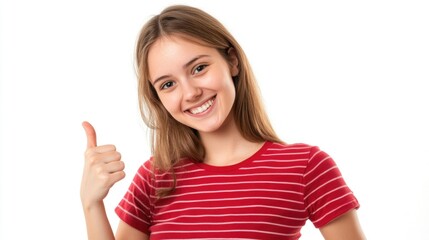 Fototapeta premium Smiling young woman with long brown hair wearing red striped t-shirt against white background giving thumbs up and pointing to the side
