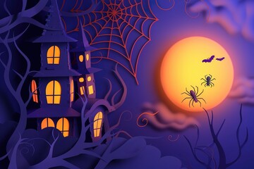 Halloween festival without text on 3d soft render style A banner with a paper cut-style haunted house and spider web, against a full moon