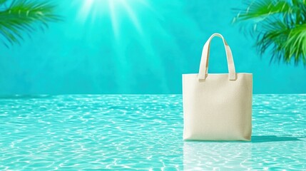 Canvas tote bag on bright turquoise water with palm leaves in sunny outdoor setting