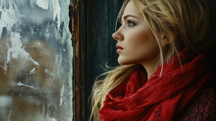 Obraz premium Young blonde woman with long hair wearing a vibrant red scarf gazing thoughtfully out of a rustic window with frost accents against a soft focus background.