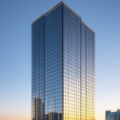 Obraz premium Modern glass skyscraper at sunset. (1)