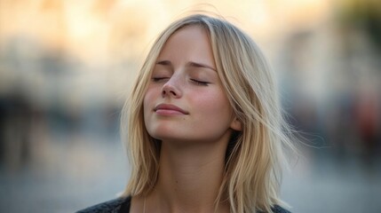Obraz premium Young blonde woman with closed eyes enjoying fresh air in a vibrant urban street setting, soft golden background hues, serene and relaxed expression.