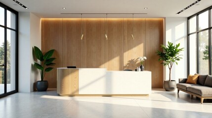 Modern Minimalist Reception Area Design with Natural Light and Greenery