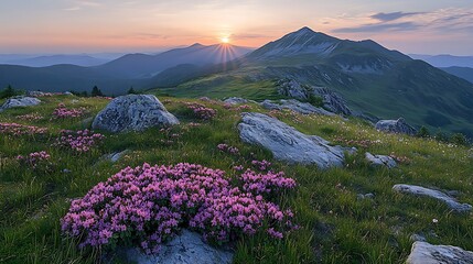 Mountain Sunrise with Wildflowers background