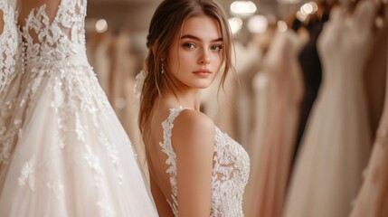 Fototapeta premium Elegant young bride in intricate lace wedding dress gazing into mirror at upscale boutique surrounded by various bridal gowns