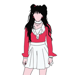 Digital artwork of a faceless girl wearing a modern outfit, featuring a red top and white skirt, with long wavy hair. A stylish and minimal aesthetic design.