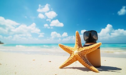 Sunscreen Lotion Bottle and Sunglasses on Sandy Beach with Starfish Under Sunny Blue Sky - Summer Vacation and Sun Protection Concept, Generative AI