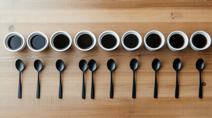 Coffee factory, A photorealistic image depicting a tasting session with high fidelity, showcasing vibrant colors and details for commercial use.