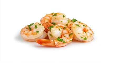 Freshly Cooked Shrimp with Green Herbs on White Background for Culinary Use
