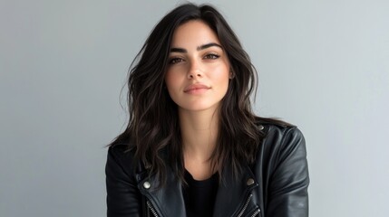 Fototapeta premium young adult brunette woman with wavy hair wearing black leather jacket posing confidently against a soft grey background