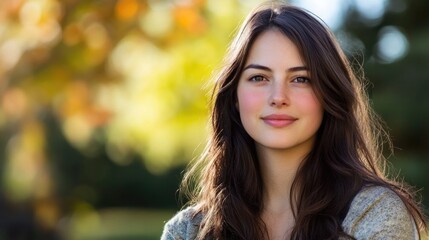 Fototapeta premium portrait of a young woman with long brunette hair smiling outdoors in a sunny park with autumn foliage in soft focus background