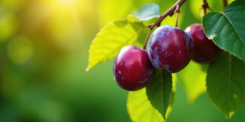 Sunlit Plums on a Branch, Vibrant Red and Purple Fruits Hanging Amongst Lush Green Foliage, a Close-Up Image Showcasing the Natural Beauty of Orchard Produce