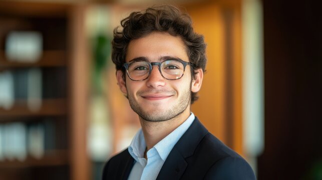 professional portrait of young adult man with curly hair wearing glasses and a suit smiling in modern office setting with warm colors and soft lighting