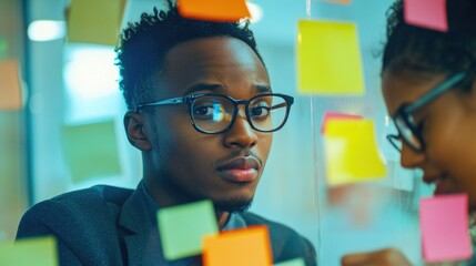 Young African American man wearing glasses collaborating with diverse team in office, brainstorming and sharing ideas on colorful sticky notes, planning concept
