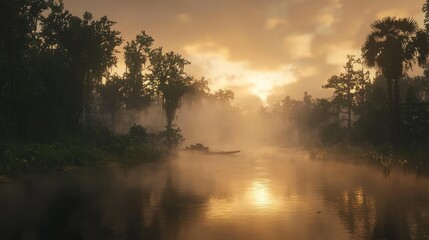 Misty sunrise over a tranquil swamp with a lone boat.