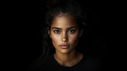 Naklejka premium Captivating portrait of a young woman with natural beauty against a dramatic black background, showcasing warm skin tones and textured hair.