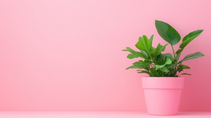 Green potted plant in stylish pink pot against a minimalist pink background
