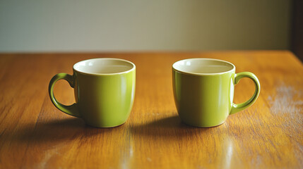 Two Green Ceramic Coffee Mugs on Wooden Table Simple Still Life Photography tea cup home warm cozy  