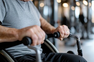 This image features a senior man actively working out using adaptive fitness equipment, demonstrating resilience and commitment to a healthy lifestyle in an inclusive gym setting.