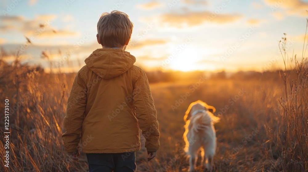 Poster a young boy wearing a warm jacket strolls next to a golden retriever in a field filled with tall gra