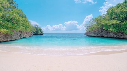 Obraz premium Pristine sandy beach in a secluded tropical cove with turquoise ocean water under a bright blue sky.