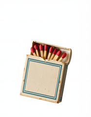 vintage old retro frayed matchbox with matches on transparent png background, craft clay, with white tones