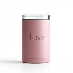 Stylish pink drink tumbler with the word 'Love' engraved on it, perfect for keeping beverages.
