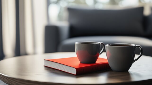 Close-up of a coffee table with two grey cups and a book in red cover, next to a blurred grey sofa in the background