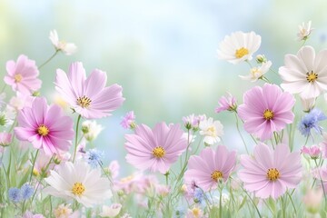 Fototapeta premium Colorful pastel wildflowers blooming in a lush spring meadow