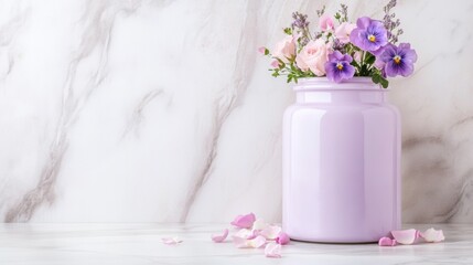 Elegant purple vase with fresh spring flowers on marble background