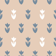 Vintage pattern with flowers on beige background. Seamless old-fashioned flat hand drawn vector texture with plants