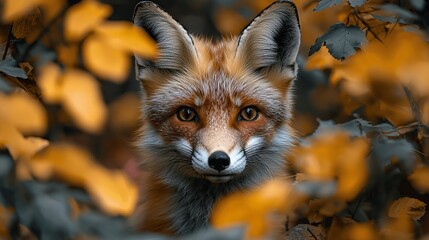 Obraz premium A captivating close-up of a fox peering through golden autumn foliage, showcasing its striking features and expressive eyes
