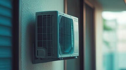 Obraz premium Close-up of an outdoor air conditioner compressor unit mounted on a wall, clean installation, no people