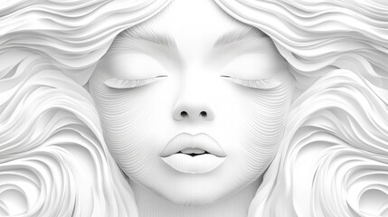 Monochromatic sculpted face with flowing hair: surreal minimalist art in shades of white