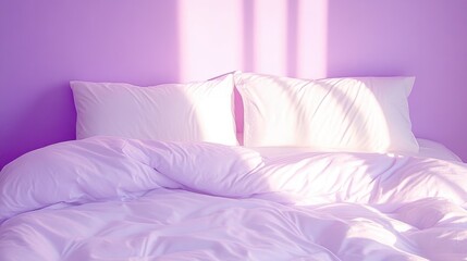 Cozy sunlit bedroom with lavender walls and soft white bedding