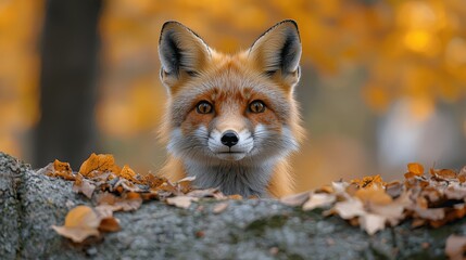 Obraz premium A curious red fox peeking over a stone wall amidst a vibrant autumn backdrop filled with golden leaves
