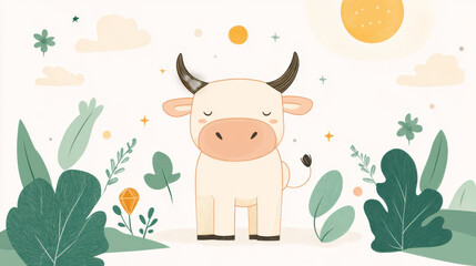 Fototapeta premium Cute Taurus bull symbol surrounded by plants and sunny elements, evoking whimsical and cheerful atmosphere