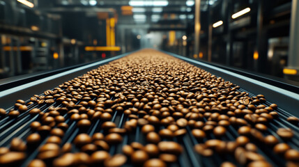 Obraz premium Coffee factory, A high-fidelity image depicting realistic conveyor belts in action, suitable for industrial and commercial applications.