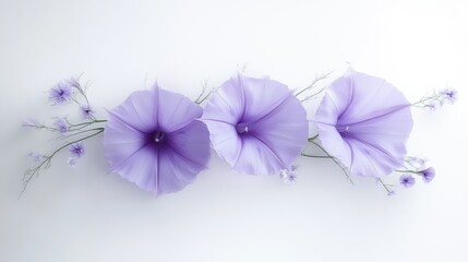 Fototapeta premium Elegant arrangement of purple morning glory flowers on white background