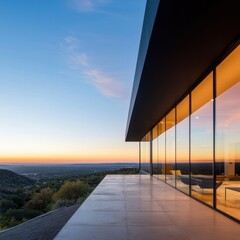 Modern house patio with sunset view.