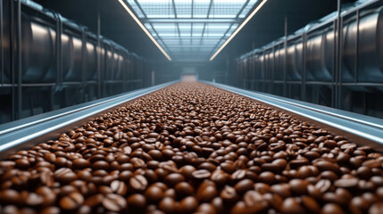 Coffee factory, A realistic image of conveyor belts showcasing high fidelity details, ideal for commercial use in industries related to manufacturing and logistics.