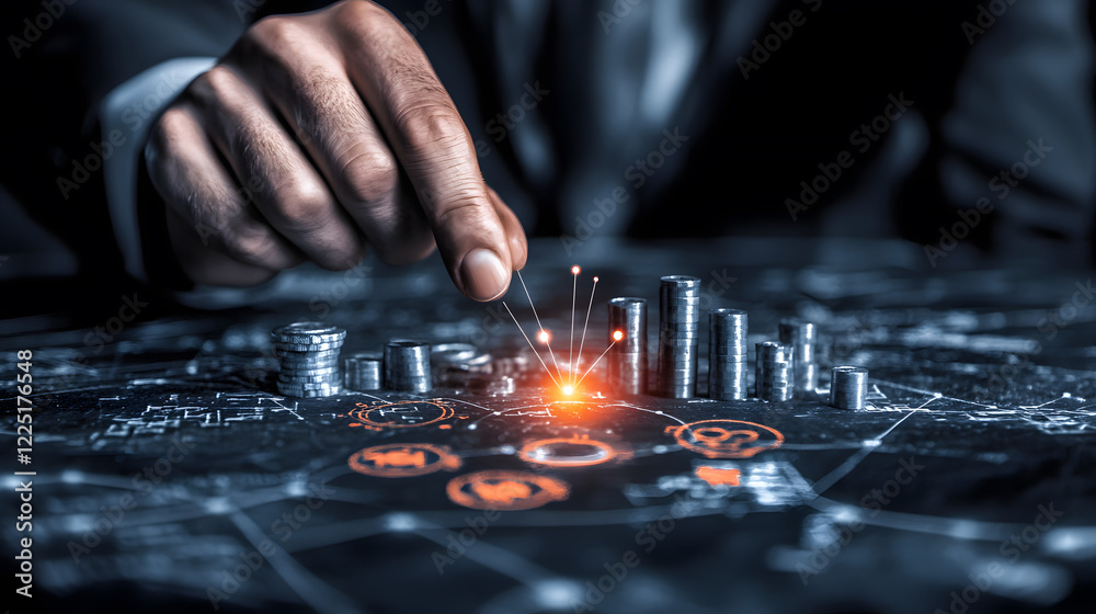 Poster A hand interacts with a digital financial graph, showcasing data analytics and investment opportunities in a futuristic setting
