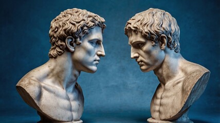 Obraz premium Two small antique style Roman or Grecian busts of young men facing away from each other on blue