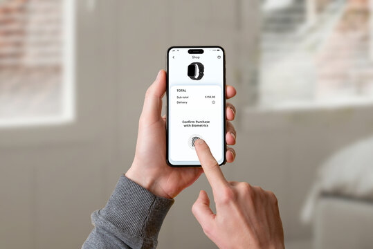 Smartphone screen displays a secure eCommerce site for online shopping with biometric verification. The user confirms the purchase with a fingerprint scan