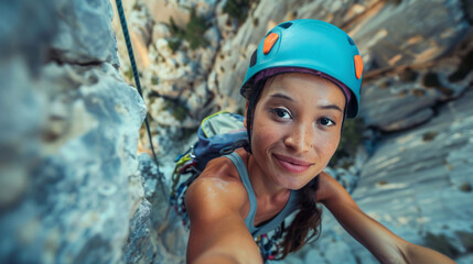 Selfie portrait of a female rock climber on a steep cliff. Extreme sport. Woman climbing in the mountains.